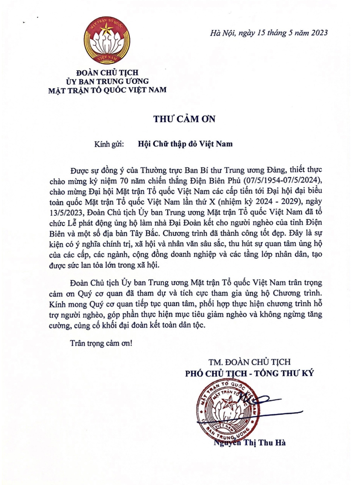 Đoàn Chủ tịch Ủy ban Trung ương Mặt trận Tổ quốc Việt Nam gửi thư cảm ơn Hội Chữ thập đỏ Việt Nam